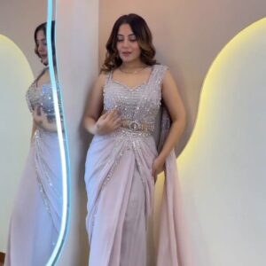 Silver Grey Embellished Designer Saree with Belt