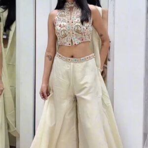 Ivory Embroidered Halter Neck Palazzo Set with Dupatta