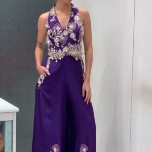 Royal Purple Embellished Halter Neck Jumpsuit