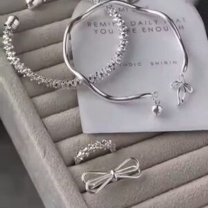 Elegant Bow Charm Silver Bracelet & Ring Set