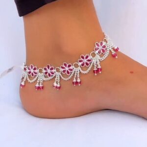 Floral Ruby-Tone Silver Anklet with Dangling Beads