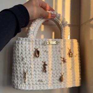 Handcrafted Crochet Tote Bag with Pearl & Charm Detailing
