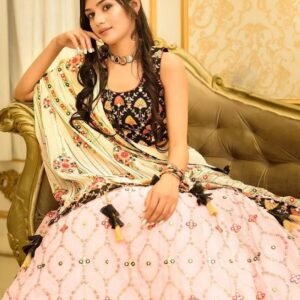 White Color Mirror Work Printed Lehenga Choli