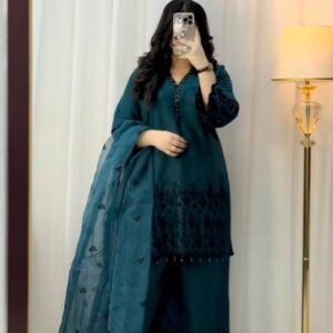 Teal Blue Embroidery Sequence Work Palazzo Set