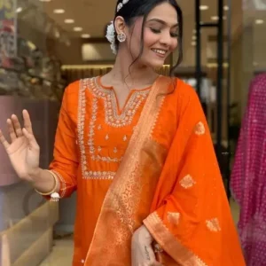 Women's Orange Chanderi Viscose Embroidered Straight Kurta with Chanderi Viscose Pant and Jacquard Jacquard Dupatta Sets
