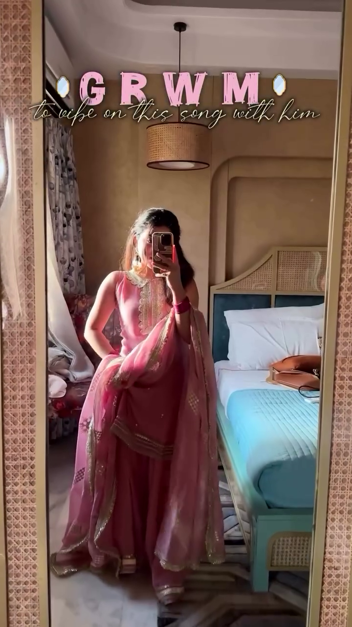 Dusty Pink Gota Patti Kurta Sharara Set with Embroidered Neckline - Image 8