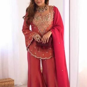 Crimson Red Embroidered Georgette Palazzo Suit with Dupatta