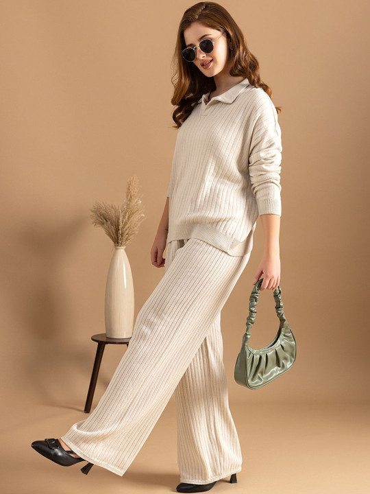 Cream Ribbed Knit Sweater and Wide-Leg Trousers Co-ord Set - Image 2