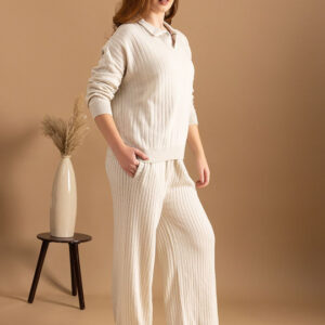 Cream Ribbed Knit Sweater and Wide-Leg Trousers Co-ord Set