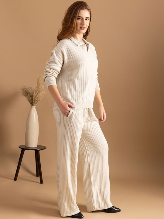 Cream Ribbed Knit Sweater and Wide-Leg Trousers Co-ord Set