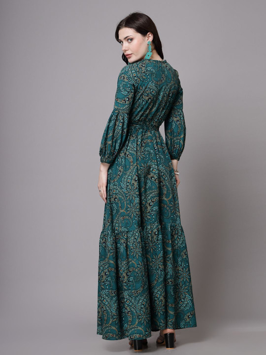 Floral Printed Mandarin Collar Cuffed Sleeves Tiered Maxi Dress - Image 3