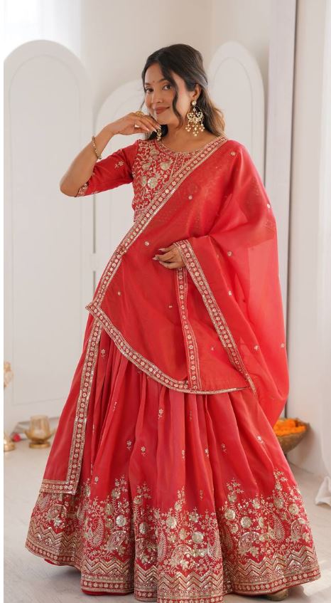 Red Embroidered Bridal Lehenga with Designer Dupatta - Image 2