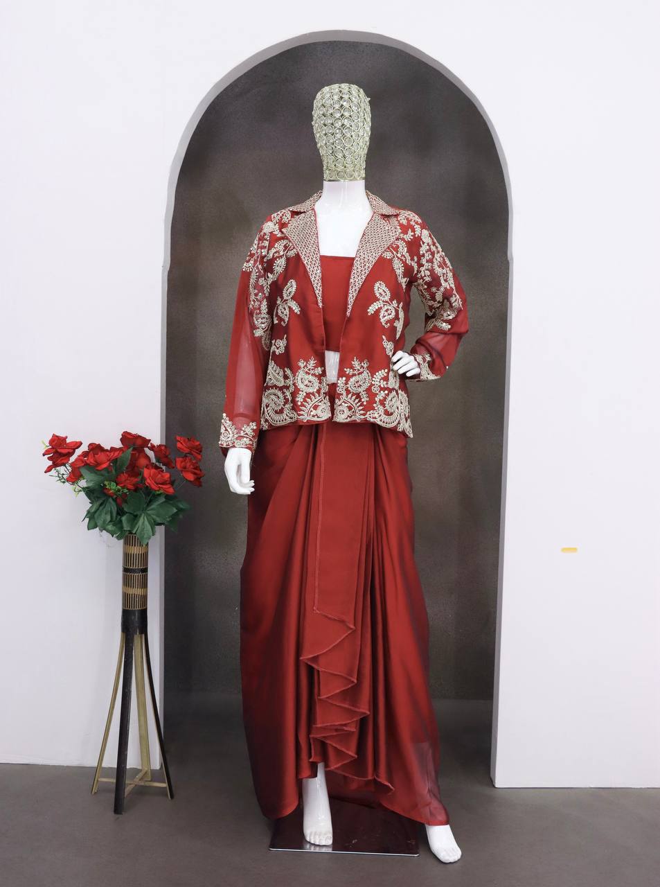 Wine Red Draped Skirt Set with Embroidered Jacket - Image 2