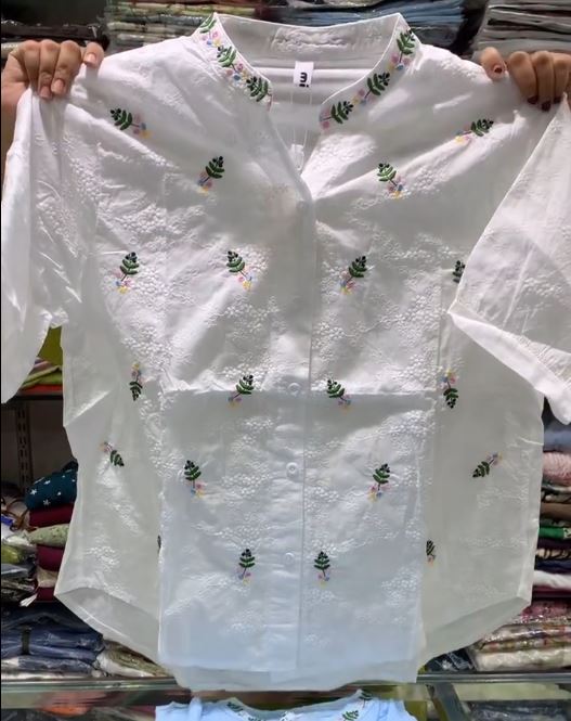 Women’s Textured Pure Cotton Shirt with Floral Embroidery - Image 2