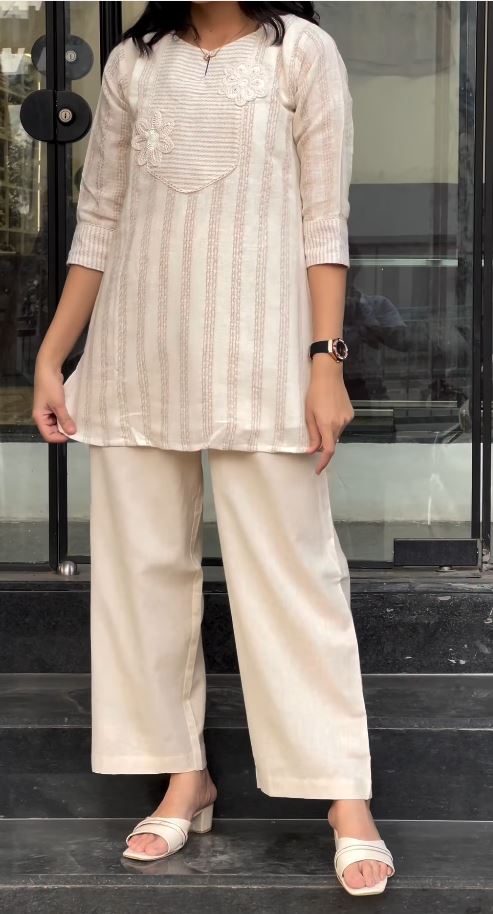 Subtle Elegance Ivory Striped Tunic and Straight-Leg Trousers Co-ord Set - Image 2