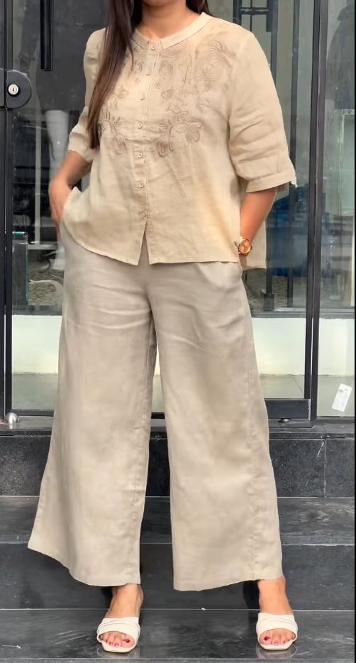 Embroidered Linen Tunic and Wide-Leg Trouser Set