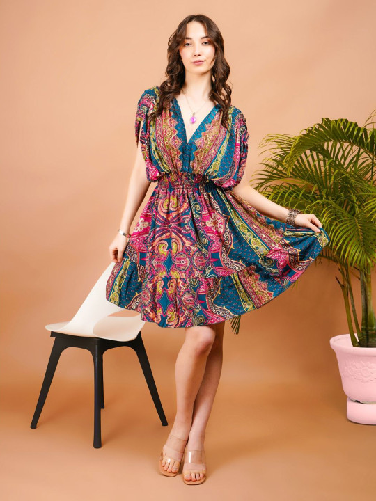Radiant Glow Paisley Print Boho Mini Dress - Image 2