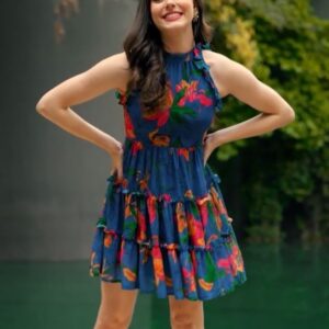 Blue Floral Printed Tiered Fit and Flare Mini Dress