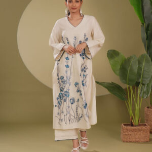 Cotton Floral Embroidered A-Line Kurta and Pant Set