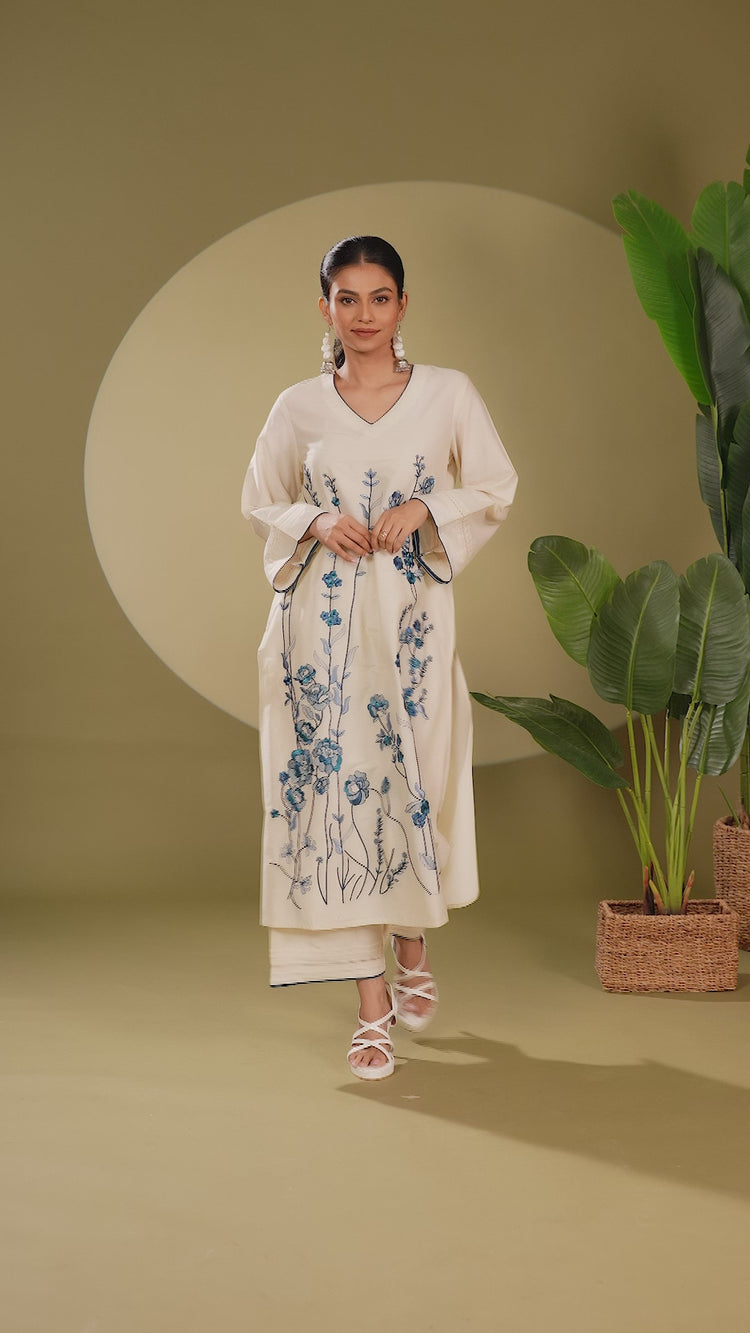 Cotton Floral Embroidered A-Line Kurta and Pant Set
