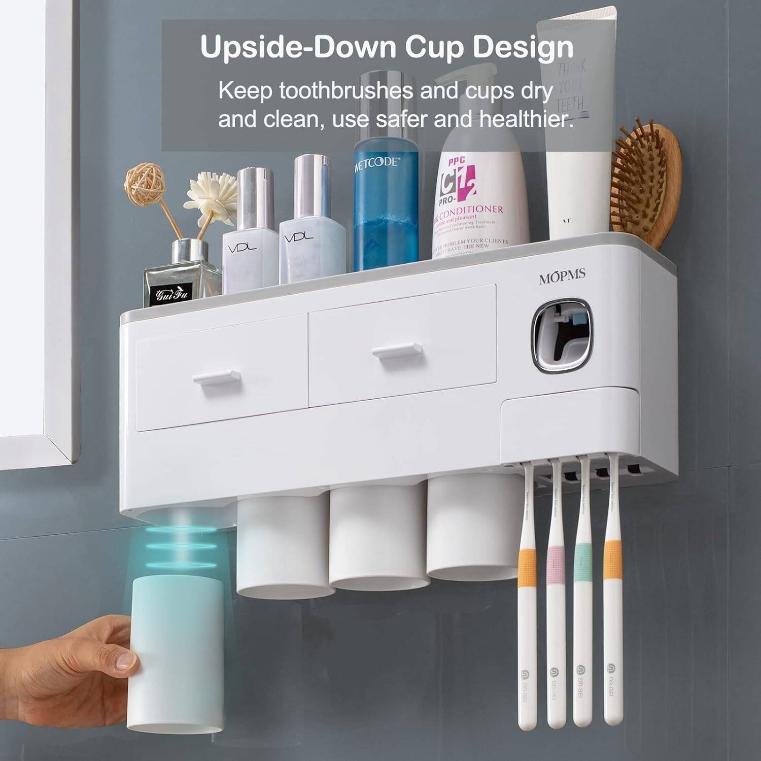 Wall-Mounted Toothbrush & Cup Organizer with Upside-Down Cup Design - Image 3