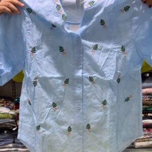 Women’s Textured Pure Cotton Shirt with Floral Embroidery
