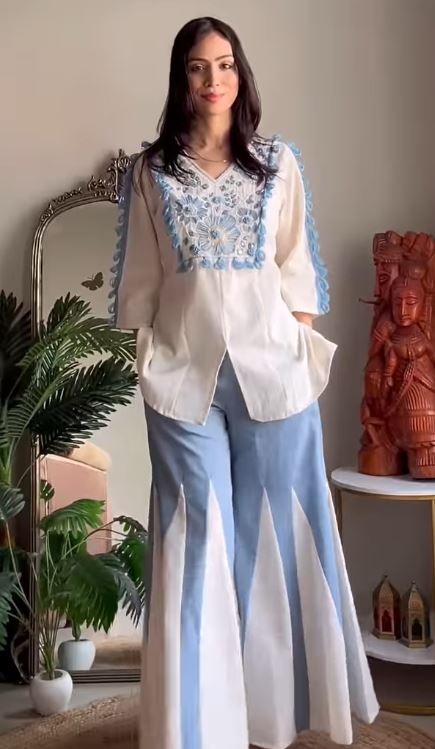 Pure Cotton V-Neck Tunic and Panelled Palazzo Co-ord Set - Image 3