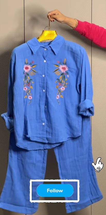 Women’s Floral Embroidered Pure Mal Cotton Shirt and Trouser Co-ord Set - Image 2