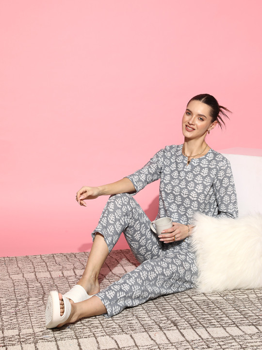Women Grey Printed Pure Cotton Co-Ord Set - Image 2