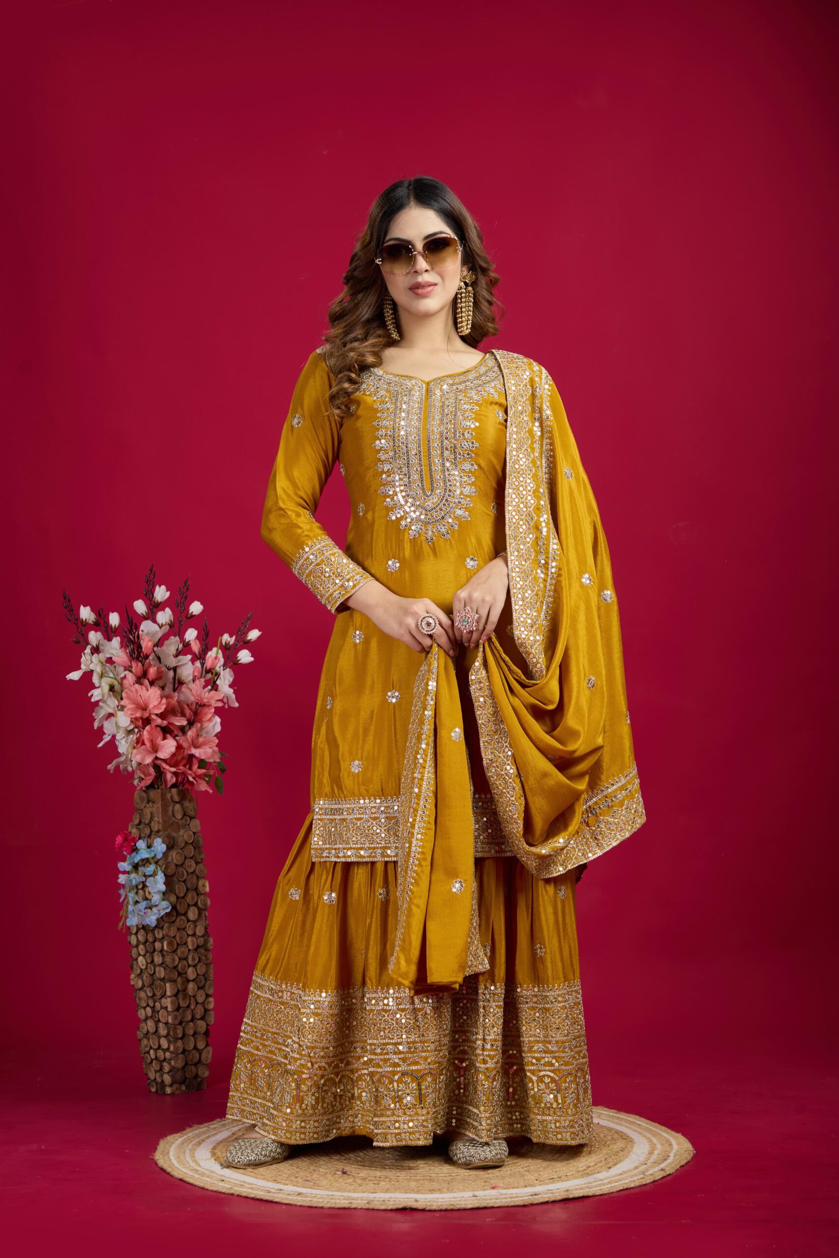 Mustard Color Chinon Silk Sharara Suit - Image 4