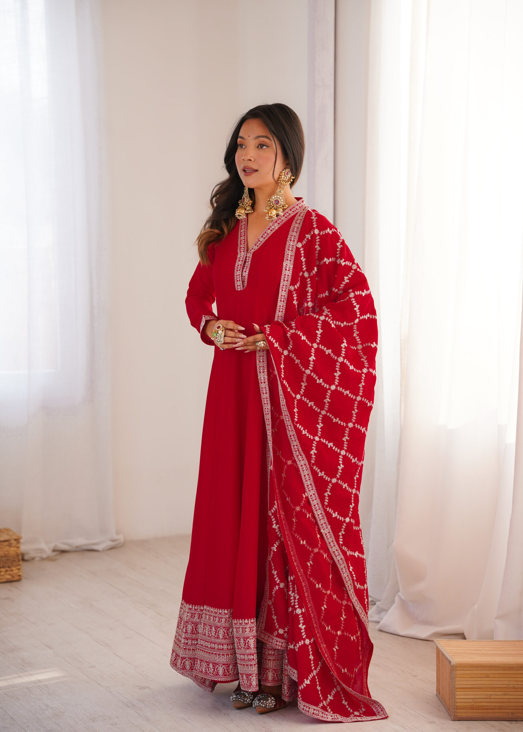 Red Anarkali Suit with Embroidered Border and Printed Dupatta - Image 2