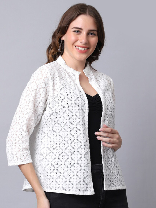 Women White Self-Design Open-Front Cotton Shrug - Image 2