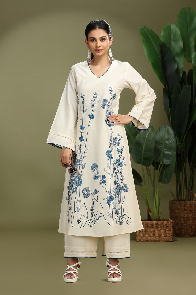 Cotton Floral Embroidered A-Line Kurta and Pant Set - Image 3