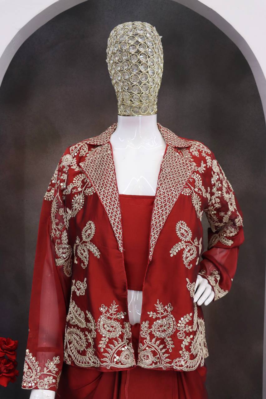 Wine Red Draped Skirt Set with Embroidered Jacket - Image 4