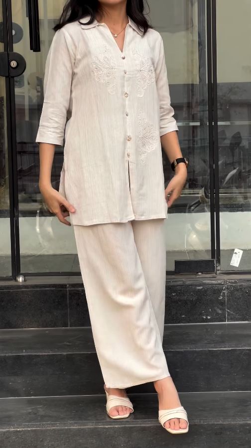 Subtle Elegance Ivory Striped Tunic and Straight-Leg Trousers Co-ord Set - Image 4
