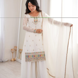 Pure White Crunchy Silk Heavily Embroidered Sharara Suit Set