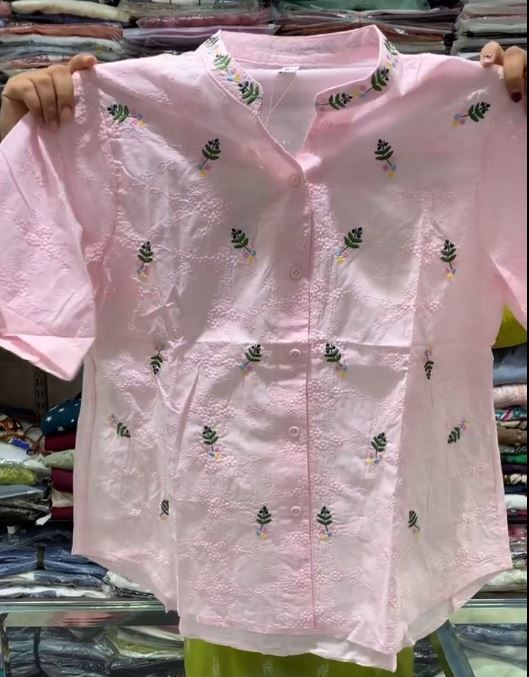 Women’s Textured Pure Cotton Shirt with Floral Embroidery - Image 5