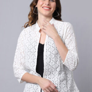 Women White Self-Design Open-Front Cotton Shrug