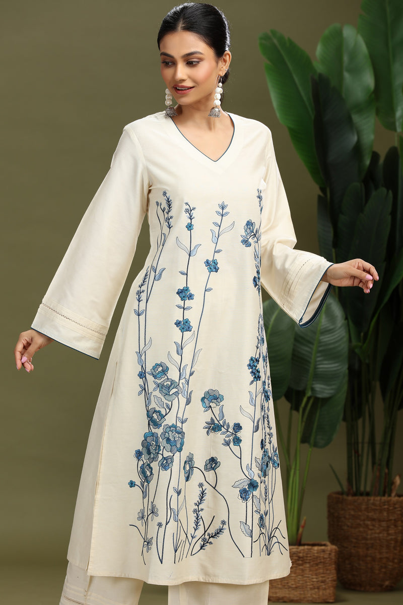 Cotton Floral Embroidered A-Line Kurta and Pant Set - Image 4