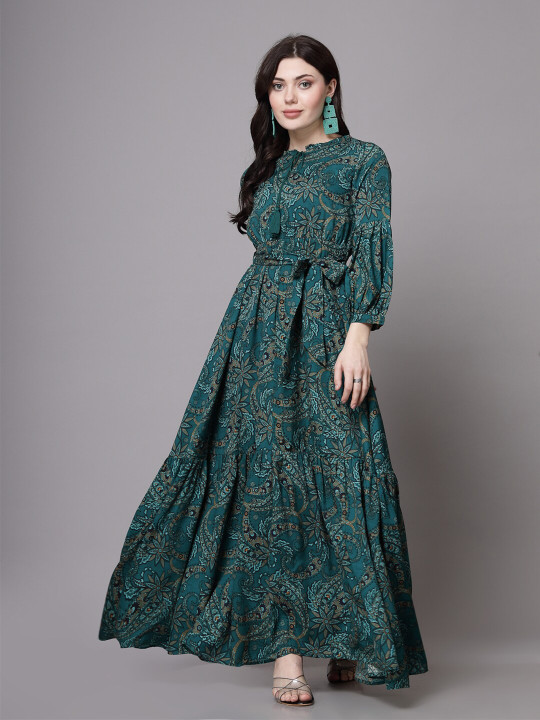 Floral Printed Mandarin Collar Cuffed Sleeves Tiered Maxi Dress
