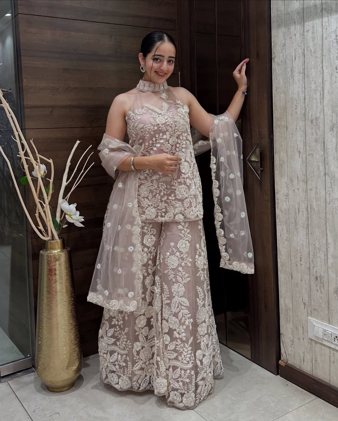 Embroidered Net Halter Kurti with Sharara & Dupatta Set