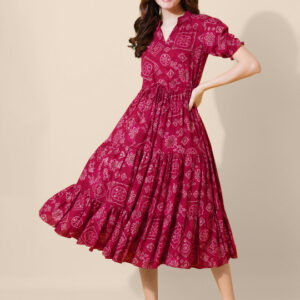 Bandhani Print Tiered Fit and Flare Midi Dress