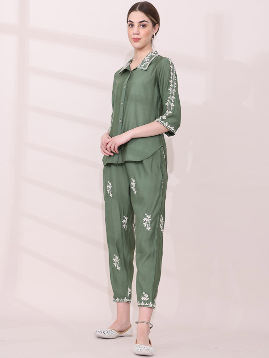 Green Floral Embroidered Shirt with Trousers Co-ord Set - Image 2