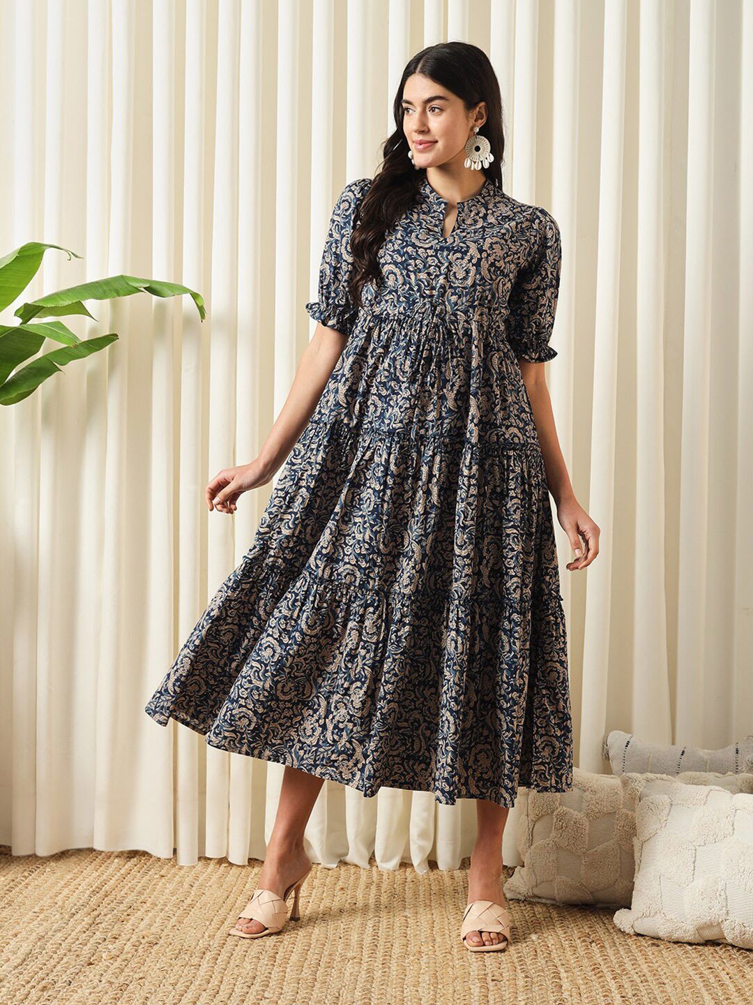 Navy Blue Ethnic Printed Tiered Fit and Flare Midi Dress - Image 2