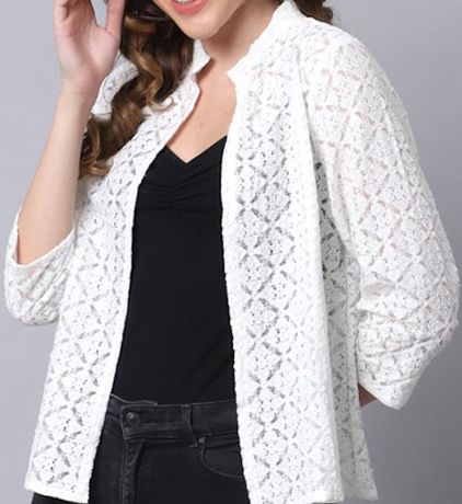 Women White Self-Design Open-Front Cotton Shrug - Image 4