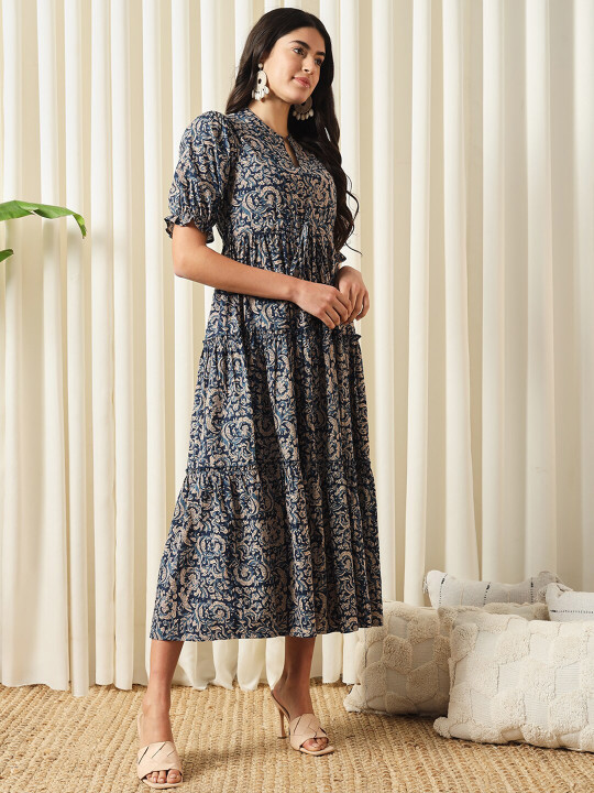 Navy Blue Ethnic Printed Tiered Fit and Flare Midi Dress - Image 4