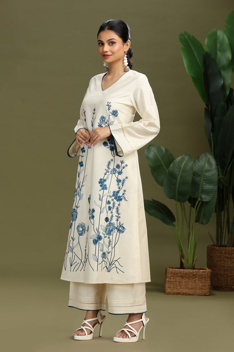 Cotton Floral Embroidered A-Line Kurta and Pant Set - Image 6