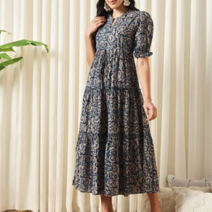Navy Blue Ethnic Printed Tiered Fit and Flare Midi Dress