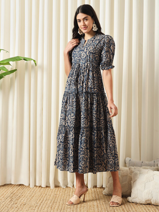 Navy Blue Ethnic Printed Tiered Fit and Flare Midi Dress