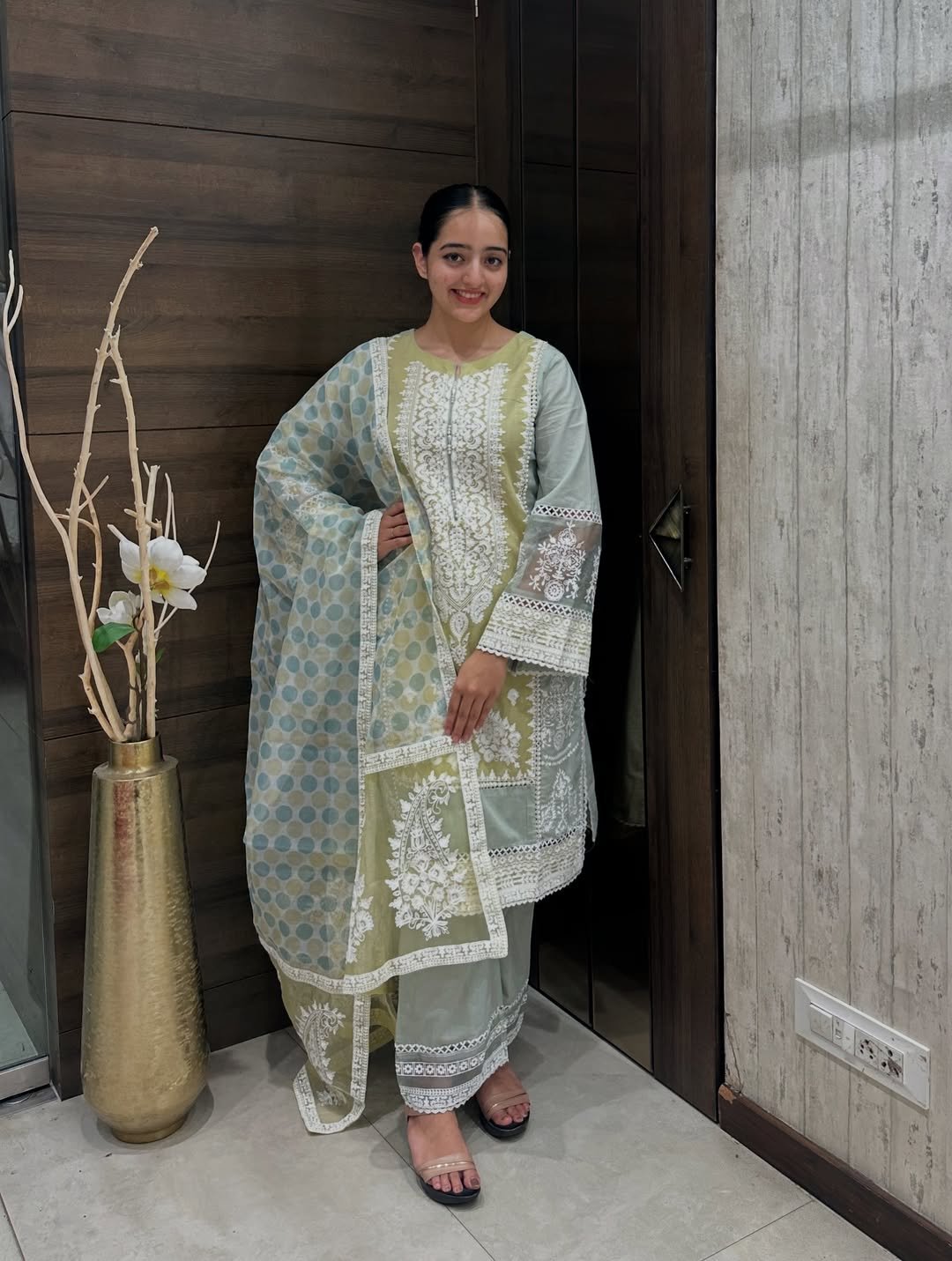 Pastel Green Embroidered Cotton Suit Set